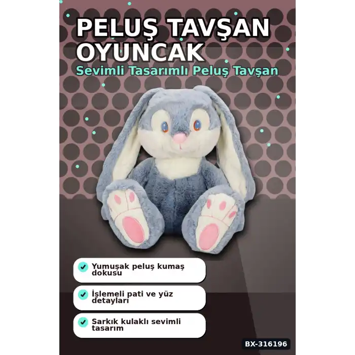 Peluş Tavşan Oyuncak 35 cm Dolgulu Yumuşak Tüylü Yıkanabilir Tekli Paket BX-316196