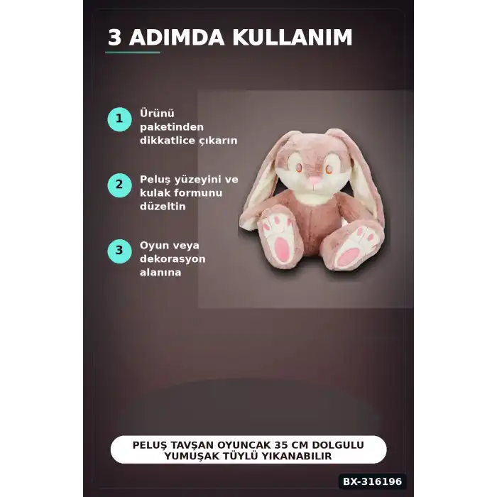 Peluş Tavşan Oyuncak 35 cm Dolgulu Yumuşak Tüylü Yıkanabilir Tekli Paket BX-316196