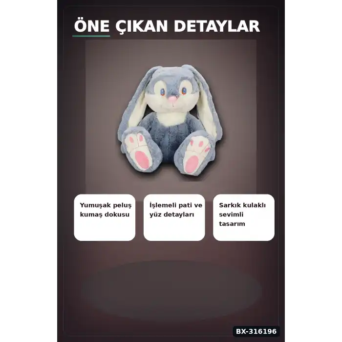 Peluş Tavşan Oyuncak 35 cm Dolgulu Yumuşak Tüylü Yıkanabilir Tekli Paket BX-316196
