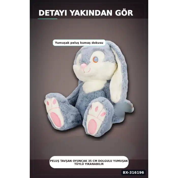 Peluş Tavşan Oyuncak 35 cm Dolgulu Yumuşak Tüylü Yıkanabilir Tekli Paket BX-316196