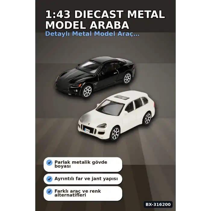 Model Araba 1:43 Diecast Metal Gövde Yaklaşık 10 cm - Tekli Paket, Çocuk Oyuncak BX-316200