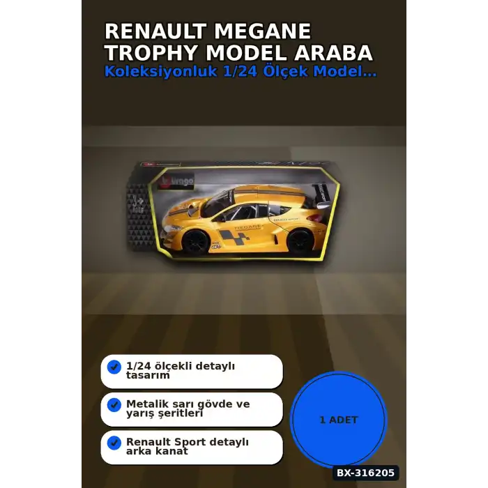Renault Megane Trophy Model Araba 1:24 Ölçek Metal Gövde Standlı Koleksiyon BX-316205