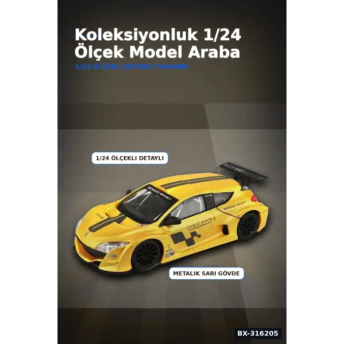 Renault Megane Trophy Model Araba 1:24 Ölçek Metal Gövde Standlı Koleksiyon BX-316205
