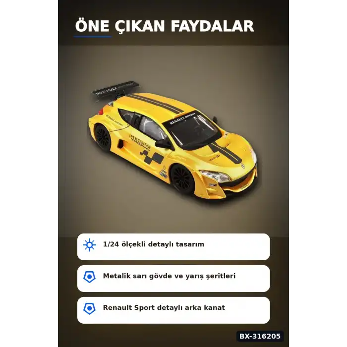 Renault Megane Trophy Model Araba 1:24 Ölçek Metal Gövde Standlı Koleksiyon BX-316205