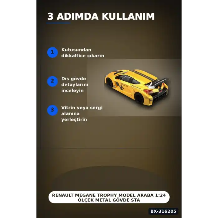 Renault Megane Trophy Model Araba 1:24 Ölçek Metal Gövde Standlı Koleksiyon BX-316205