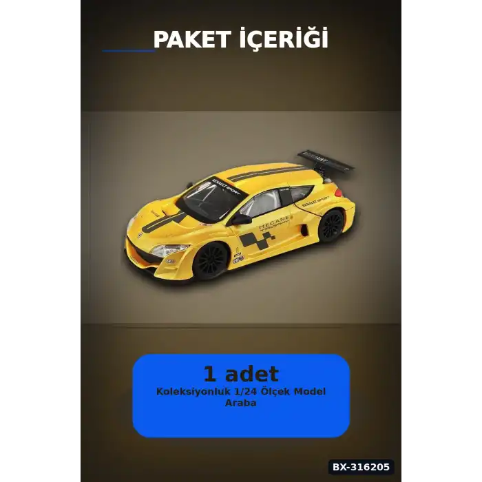 Renault Megane Trophy Model Araba 1:24 Ölçek Metal Gövde Standlı Koleksiyon BX-316205