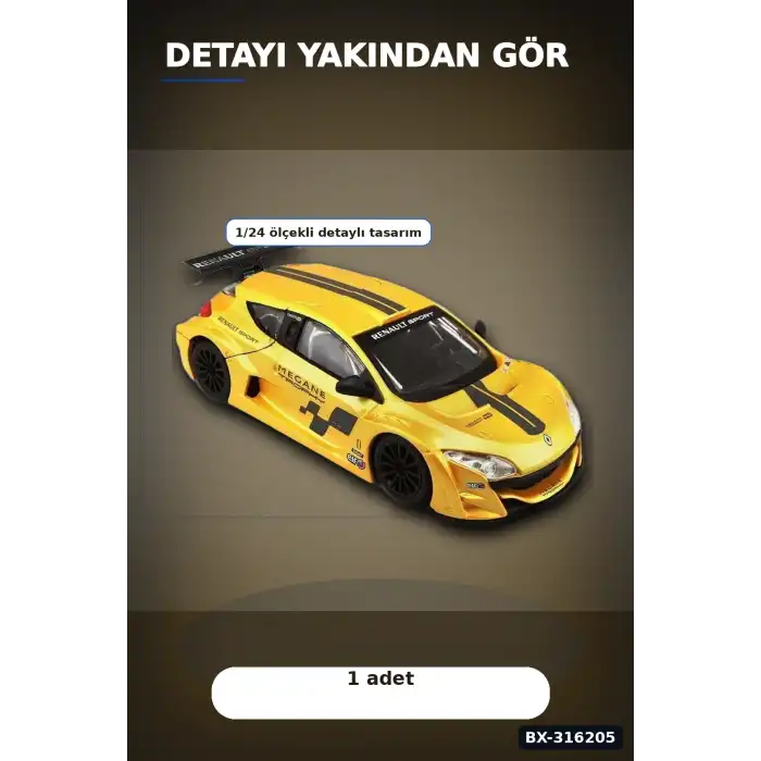 Renault Megane Trophy Model Araba 1:24 Ölçek Metal Gövde Standlı Koleksiyon BX-316205