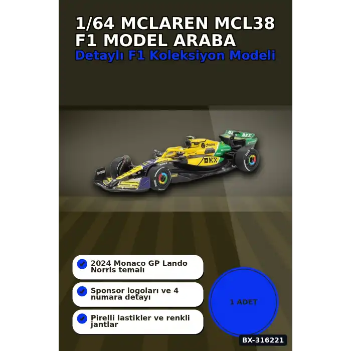 Model Araba McLaren MCL38 F1 Monaco GP Lando Norris 1/64 Ölçek Koleksiyon BX-316221