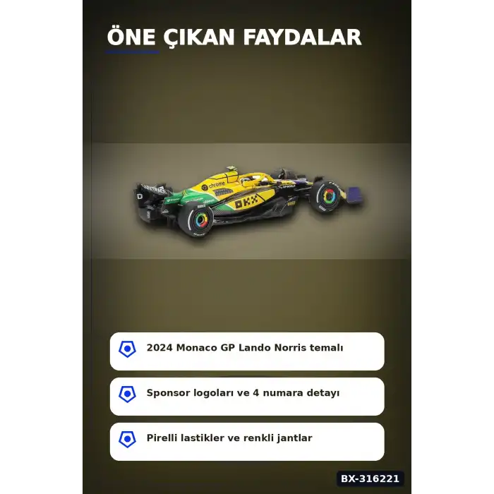 Model Araba McLaren MCL38 F1 Monaco GP Lando Norris 1/64 Ölçek Koleksiyon BX-316221