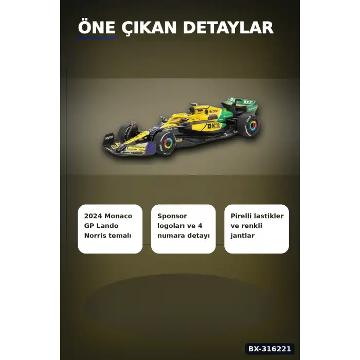 Model Araba McLaren MCL38 F1 Monaco GP Lando Norris 1/64 Ölçek Koleksiyon BX-316221