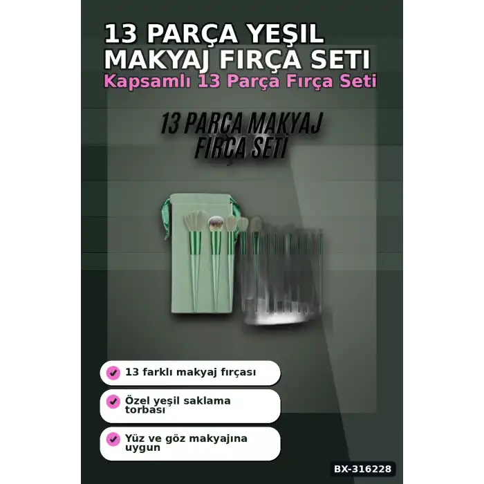 Makyaj Fırça Seti Yeşil 13 Parça Fondöten Allık ve Far Makyaj Fırçaları BX-316228