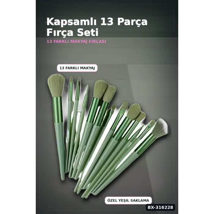 Makyaj Fırça Seti Yeşil 13 Parça Fondöten Allık ve Far Makyaj Fırçaları BX-316228