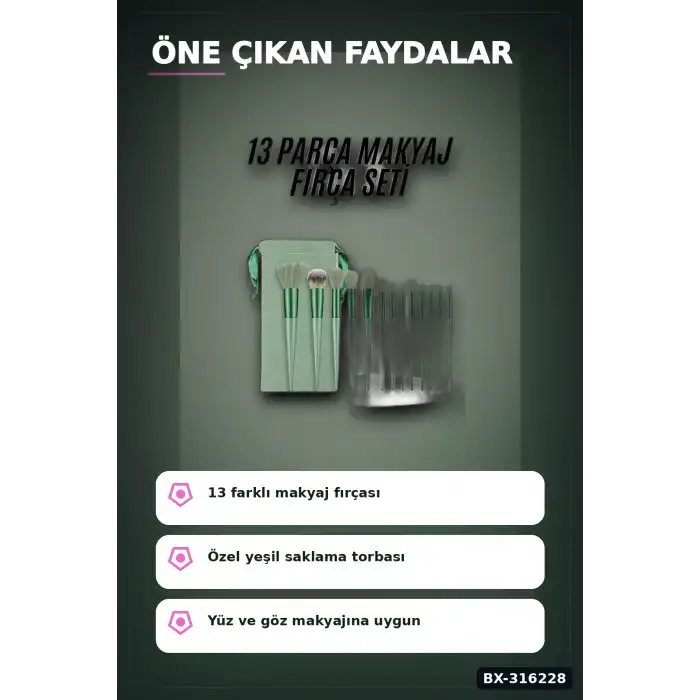 Makyaj Fırça Seti Yeşil 13 Parça Fondöten Allık ve Far Makyaj Fırçaları BX-316228