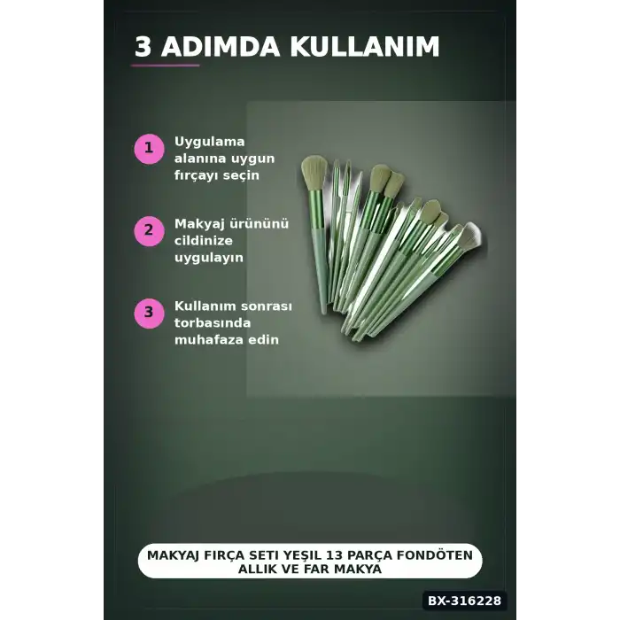 Makyaj Fırça Seti Yeşil 13 Parça Fondöten Allık ve Far Makyaj Fırçaları BX-316228