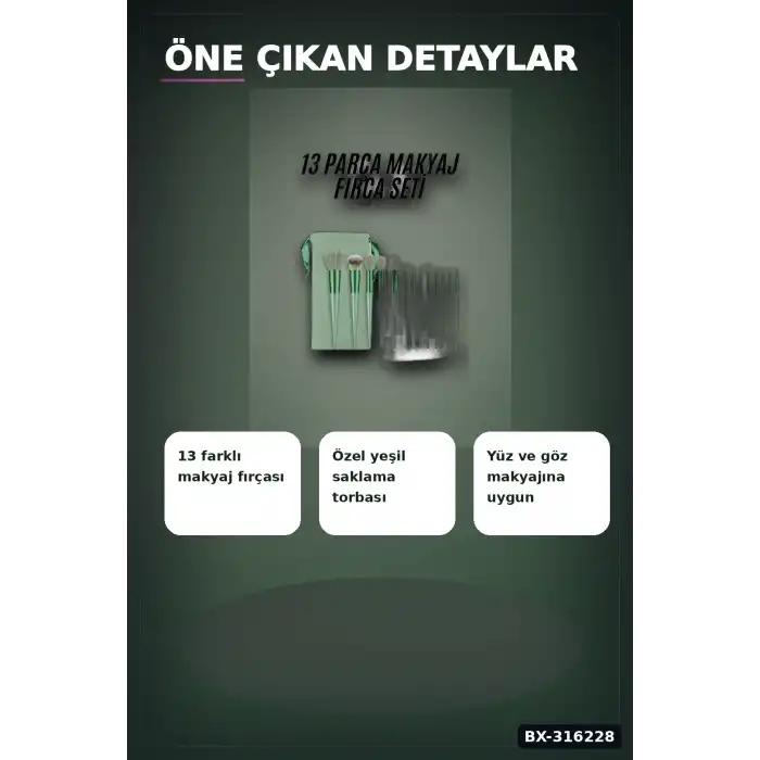 Makyaj Fırça Seti Yeşil 13 Parça Fondöten Allık ve Far Makyaj Fırçaları BX-316228
