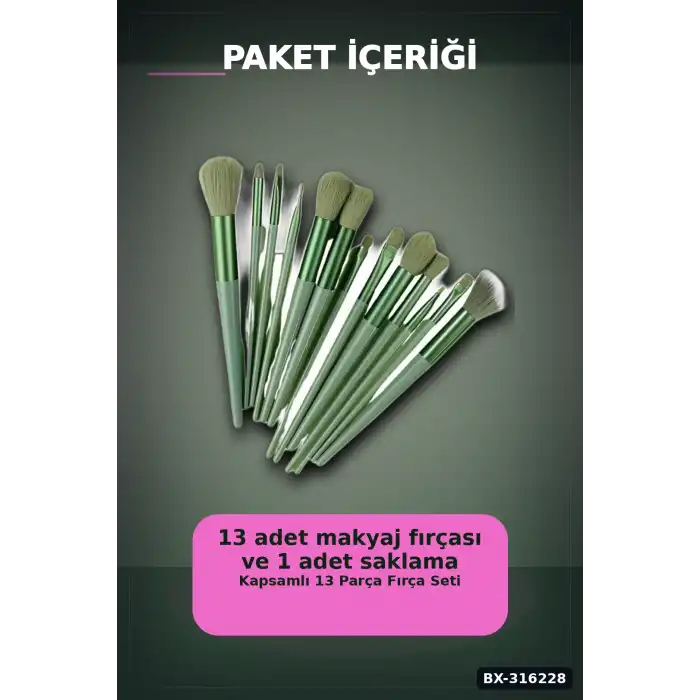 Makyaj Fırça Seti Yeşil 13 Parça Fondöten Allık ve Far Makyaj Fırçaları BX-316228