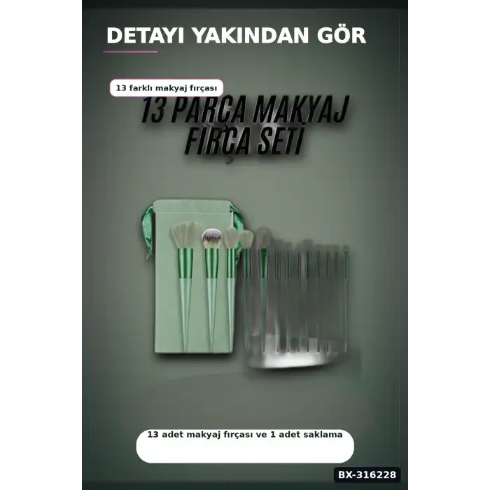 Makyaj Fırça Seti Yeşil 13 Parça Fondöten Allık ve Far Makyaj Fırçaları BX-316228