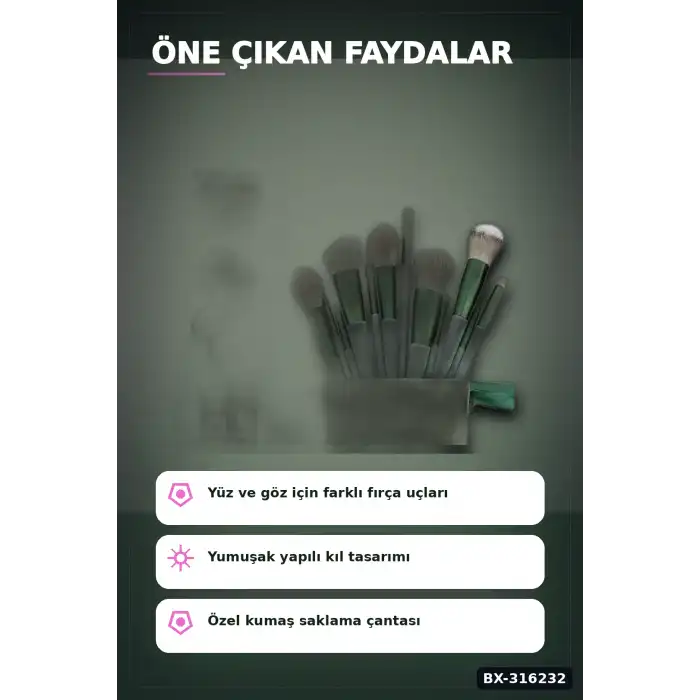Makyaj Fırça Seti 13 Parça Yumuşak Kıllı Far ve Yüz Uygulama Çantalı Set BX-316232
