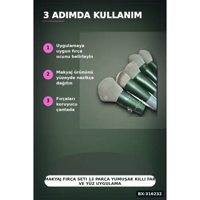 Makyaj Fırça Seti 13 Parça Yumuşak Kıllı Far ve Yüz Uygulama Çantalı Set BX-316232