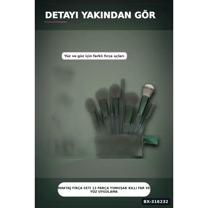 Makyaj Fırça Seti 13 Parça Yumuşak Kıllı Far ve Yüz Uygulama Çantalı Set BX-316232