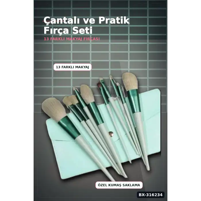 Makyaj Fırça Seti 13 Parça Çantalı - Fondöten Far Pudra ve Allık Fırçaları BX-316234