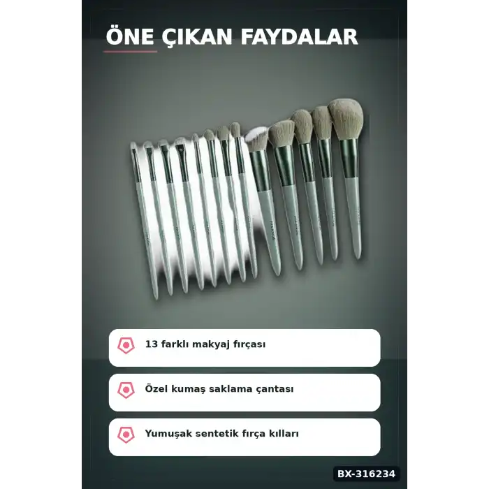 Makyaj Fırça Seti 13 Parça Çantalı - Fondöten Far Pudra ve Allık Fırçaları BX-316234
