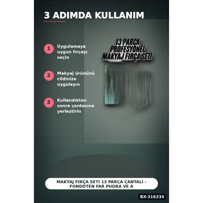 Makyaj Fırça Seti 13 Parça Çantalı - Fondöten Far Pudra ve Allık Fırçaları BX-316234
