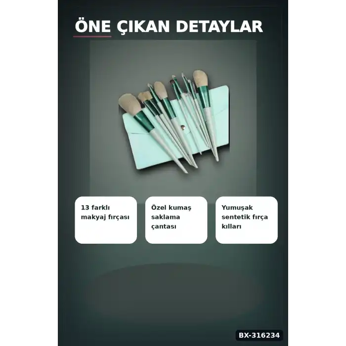 Makyaj Fırça Seti 13 Parça Çantalı - Fondöten Far Pudra ve Allık Fırçaları BX-316234