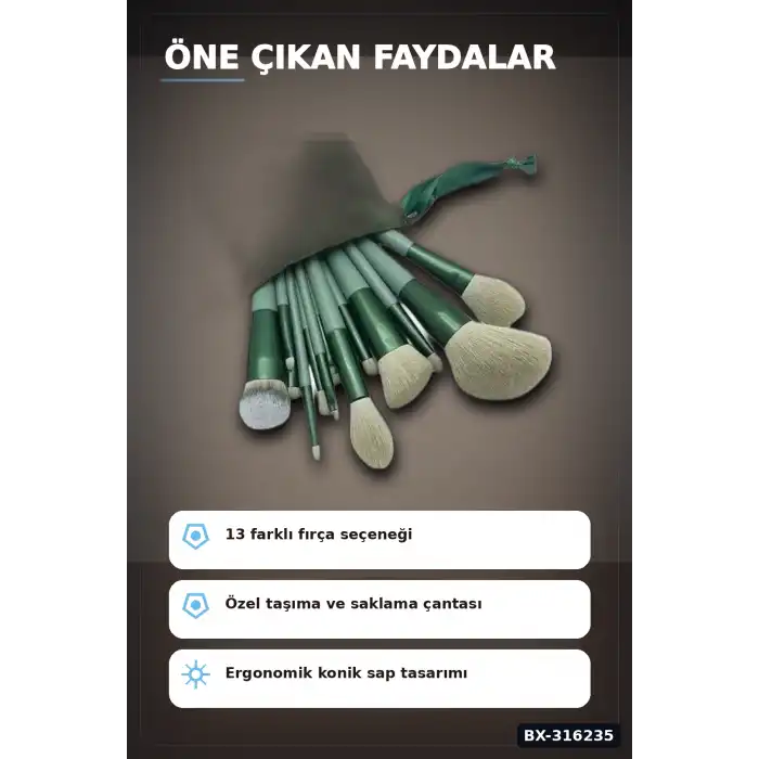 Makyaj Fırçası Seti 13 Parça - Sentetik Kıllı Fondöten Far Pudra Allık Fırçaları BX-316235