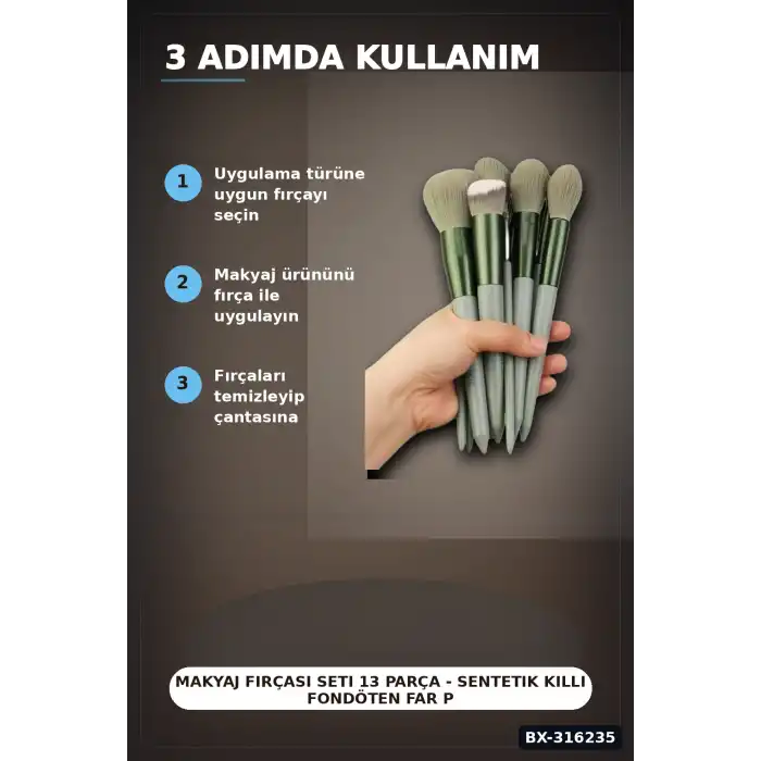 Makyaj Fırçası Seti 13 Parça - Sentetik Kıllı Fondöten Far Pudra Allık Fırçaları BX-316235