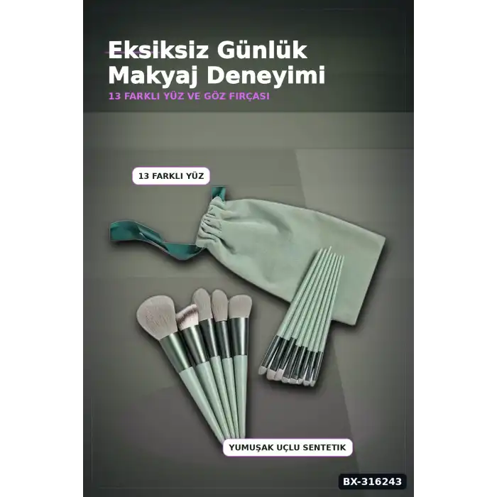 Makyaj Fırça Seti 13 Parça - Yumuşak Sentetik Kıllı Yüz ve Göz Fırçaları BX-316243