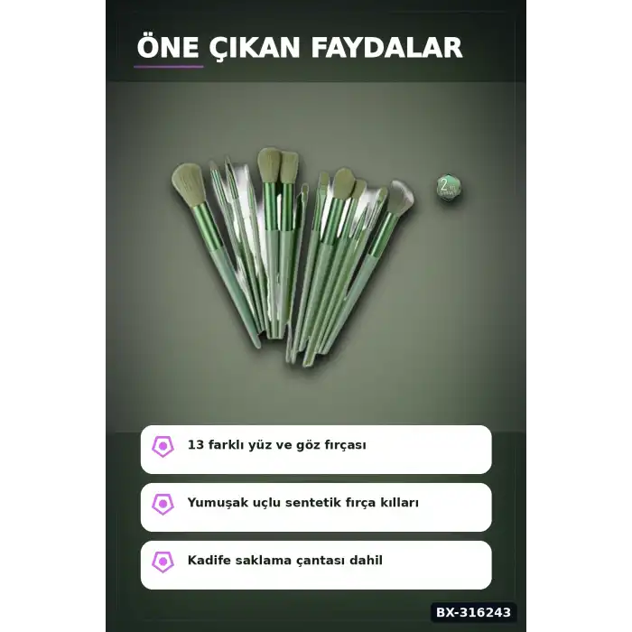 Makyaj Fırça Seti 13 Parça - Yumuşak Sentetik Kıllı Yüz ve Göz Fırçaları BX-316243