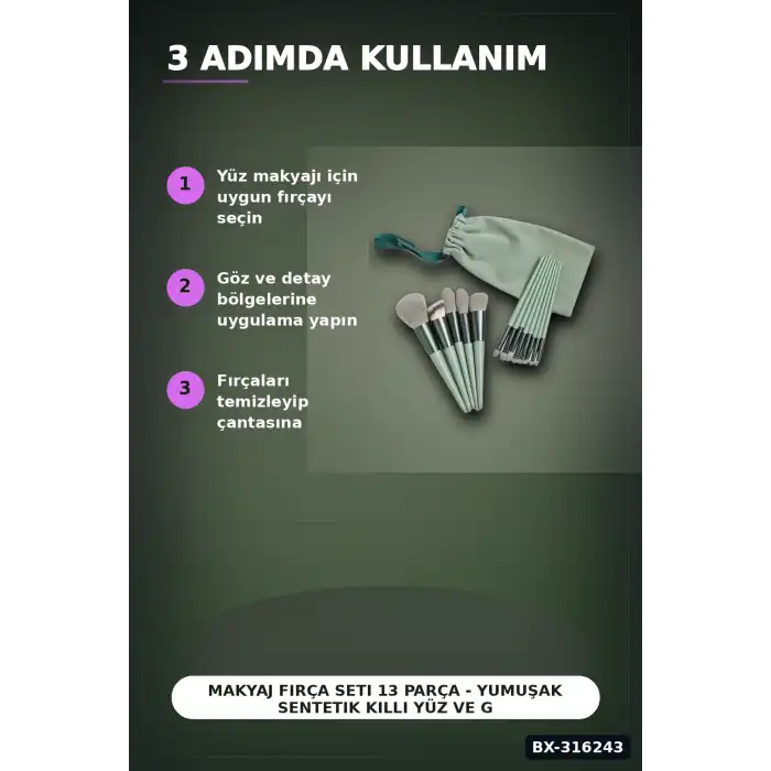 Makyaj Fırça Seti 13 Parça - Yumuşak Sentetik Kıllı Yüz ve Göz Fırçaları BX-316243