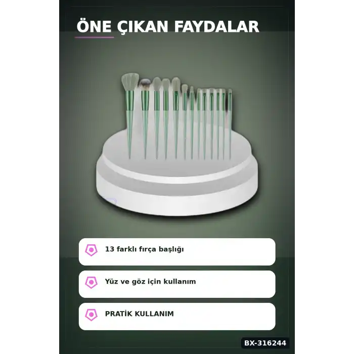Makyaj Fırça Seti 13 Parça - Ergonomik Saplı Taşınabilir Pudra Fırçası BX-316244