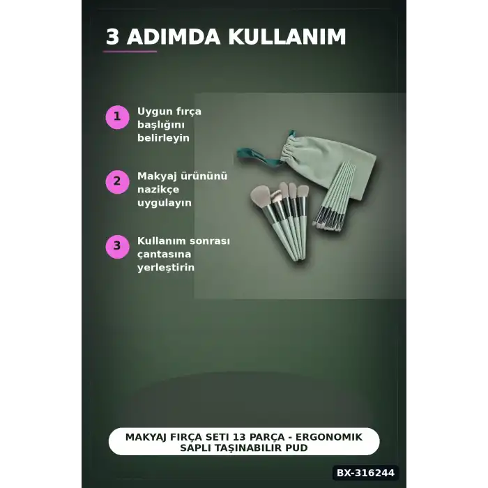 Makyaj Fırça Seti 13 Parça - Ergonomik Saplı Taşınabilir Pudra Fırçası BX-316244