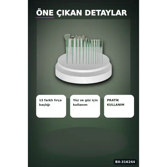Makyaj Fırça Seti 13 Parça - Ergonomik Saplı Taşınabilir Pudra Fırçası BX-316244