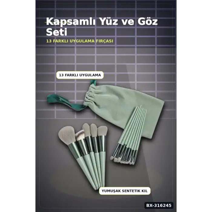 Makyaj Fırça Seti 13 Parça - Yumuşak Kıllı Dökülme Yapmayan Yüz ve Göz Seti BX-316245