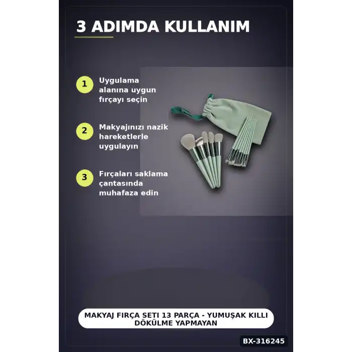 Makyaj Fırça Seti 13 Parça - Yumuşak Kıllı Dökülme Yapmayan Yüz ve Göz Seti BX-316245