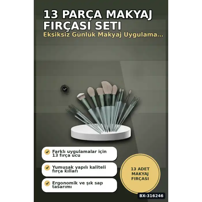 Makyaj Fırçası Seti 13 Parça Fiber Kıllı Ergonomik Saplı Yüz ve Göz Fırça Takımı BX-316246