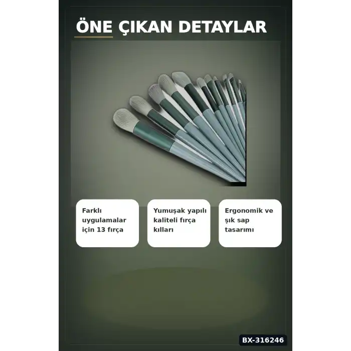 Makyaj Fırçası Seti 13 Parça Fiber Kıllı Ergonomik Saplı Yüz ve Göz Fırça Takımı BX-316246