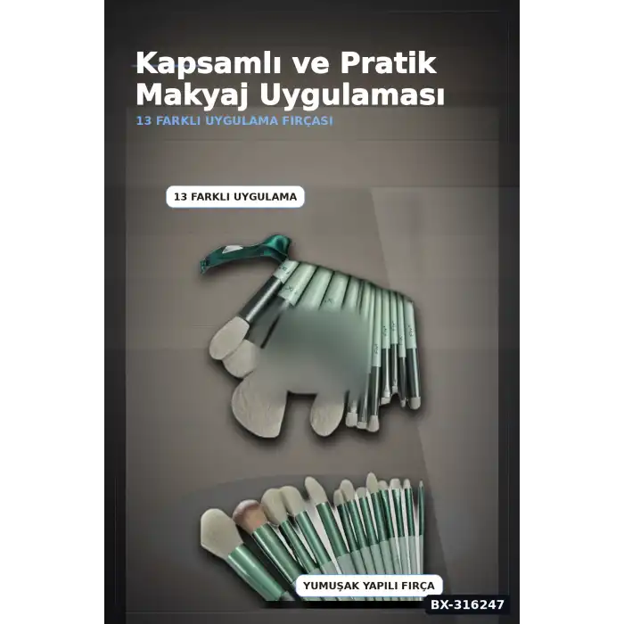 Makyaj Fırça Seti Yumuşak Sentetik Fiber Kıllı Yüz ve Göz İçin Fırça Takımı 13 Parça BX-316247