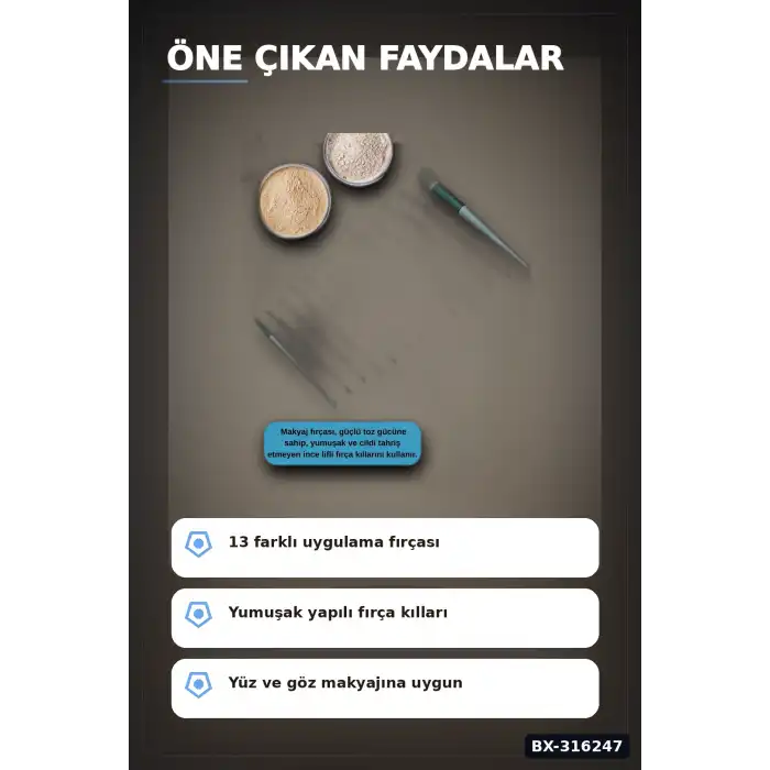 Makyaj Fırça Seti Yumuşak Sentetik Fiber Kıllı Yüz ve Göz İçin Fırça Takımı 13 Parça BX-316247