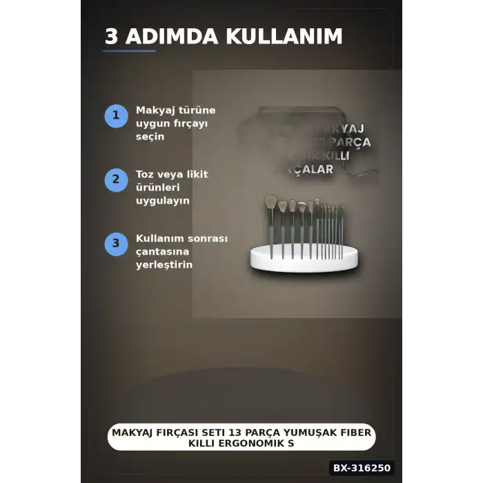 Makyaj Fırçası Seti 13 Parça Yumuşak Fiber Kıllı Ergonomik Seyahat Tipi BX-316250