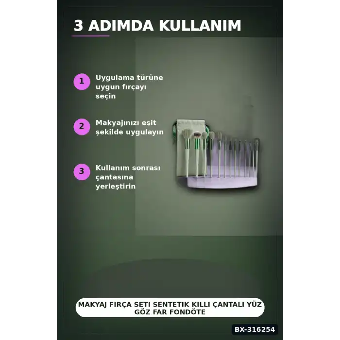 Makyaj Fırça Seti Sentetik Kıllı Çantalı Yüz Göz Far Fondöten Fırçaları BX-316254