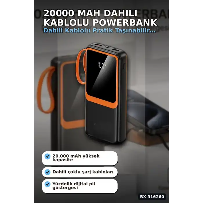 20000 mAh Powerbank Dahili Çoklu Kablolu ve Dijital Göstergeli Taşınabilir Şarj Cihazı BX-316260
