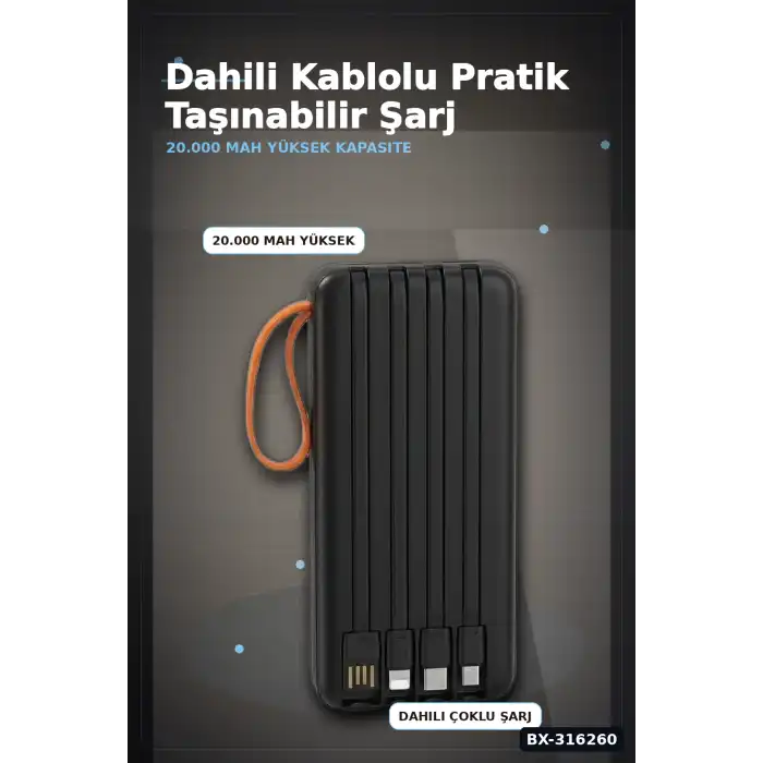 20000 mAh Powerbank Dahili Çoklu Kablolu ve Dijital Göstergeli Taşınabilir Şarj Cihazı BX-316260