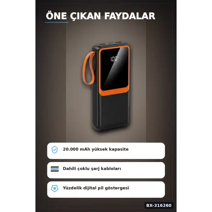 20000 mAh Powerbank Dahili Çoklu Kablolu ve Dijital Göstergeli Taşınabilir Şarj Cihazı BX-316260