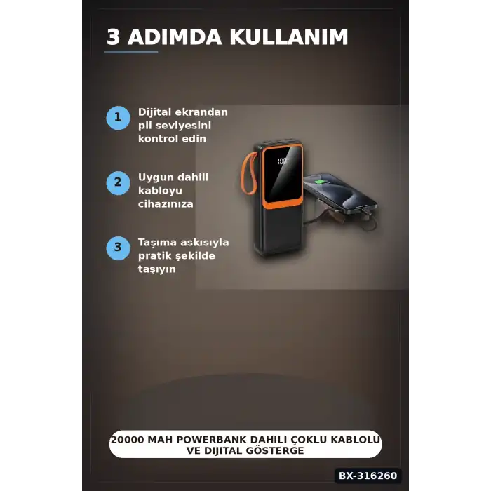 20000 mAh Powerbank Dahili Çoklu Kablolu ve Dijital Göstergeli Taşınabilir Şarj Cihazı BX-316260