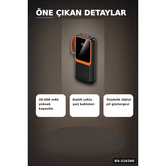20000 mAh Powerbank Dahili Çoklu Kablolu ve Dijital Göstergeli Taşınabilir Şarj Cihazı BX-316260