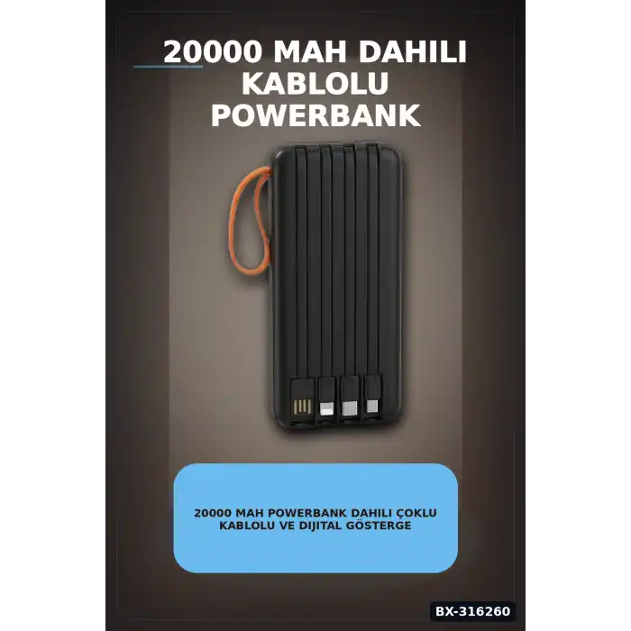 20000 mAh Powerbank Dahili Çoklu Kablolu ve Dijital Göstergeli Taşınabilir Şarj Cihazı BX-316260